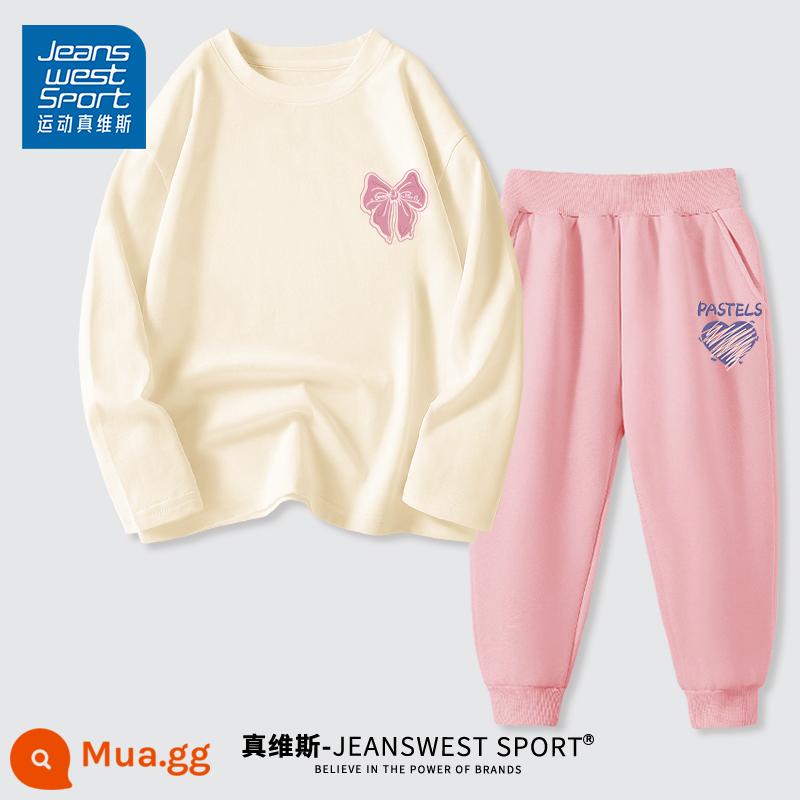 Thể Thao JeansWest Bé Gái Áo Thun Dài Tay Nguyên Chất Cotton 2023 Nữ Mới Đáy Áo Sơ Mi Trẻ Em Mùa Thu Top Trắng - [Bộ áo thun dài tay 100% cotton] nơ hồng nhạt x + nét tình yêu hồng x