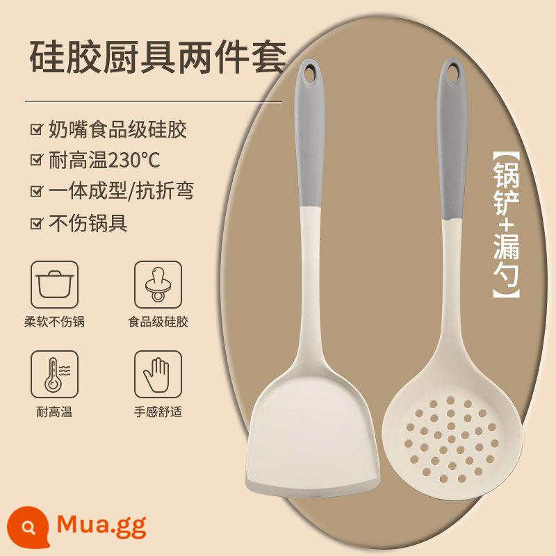 Thìa silicone đặc biệt dành cho nồi chống dính gia đình, thìa nấu ăn chịu nhiệt độ cao, thìa súp, bộ dụng cụ nhà bếp cấp thực phẩm - Màu tương phản màu trắng kem và xám - thìa và chao - hai gói