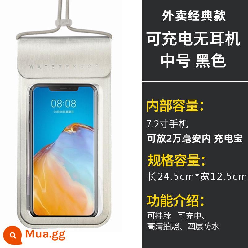 Túi điện thoại di động chống nước bằng silicon, chống mưa, chống rơi, có thể sạc lại, giao hàng, người lái, khung xe, vỏ chống nước đặc biệt, màn hình cảm ứng trong suốt - Kích thước trung bình (mẫu cổ điển màu bạc) - có thể đựng sạc di động