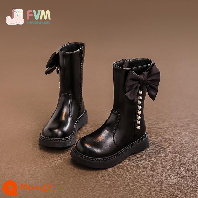 FVM Girls Middle Leather Boot 2022 Mới mùa thu và mùa đông Boots cộng với giày cao cấp trẻ em nhung - giày đơn màu đen