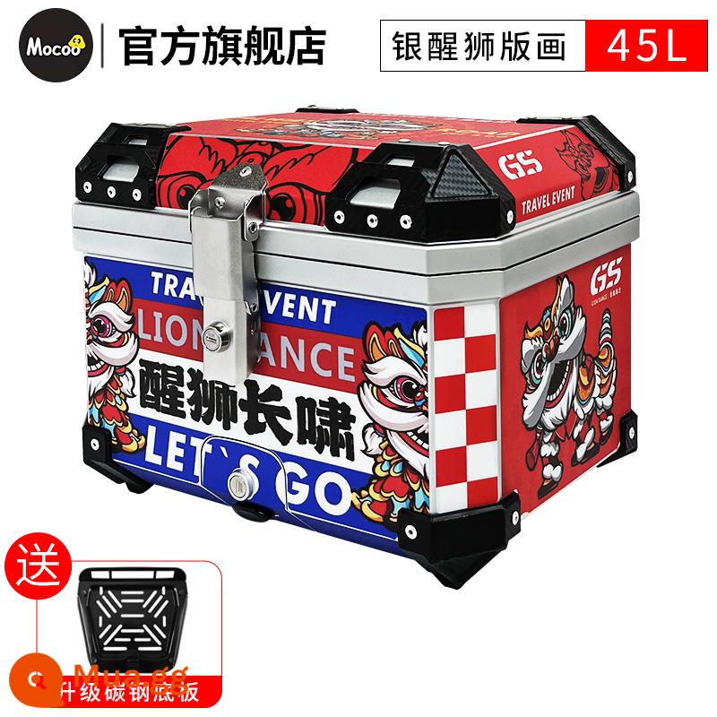 Mushroom 45L hộp đuôi đầu máy đa năng xe điện xe tay ga cốp dung tích lớn hộp đuôi sau hợp kim nhôm - [45L] Hộp bạc + In hình múa lân [Đế thép carbon]