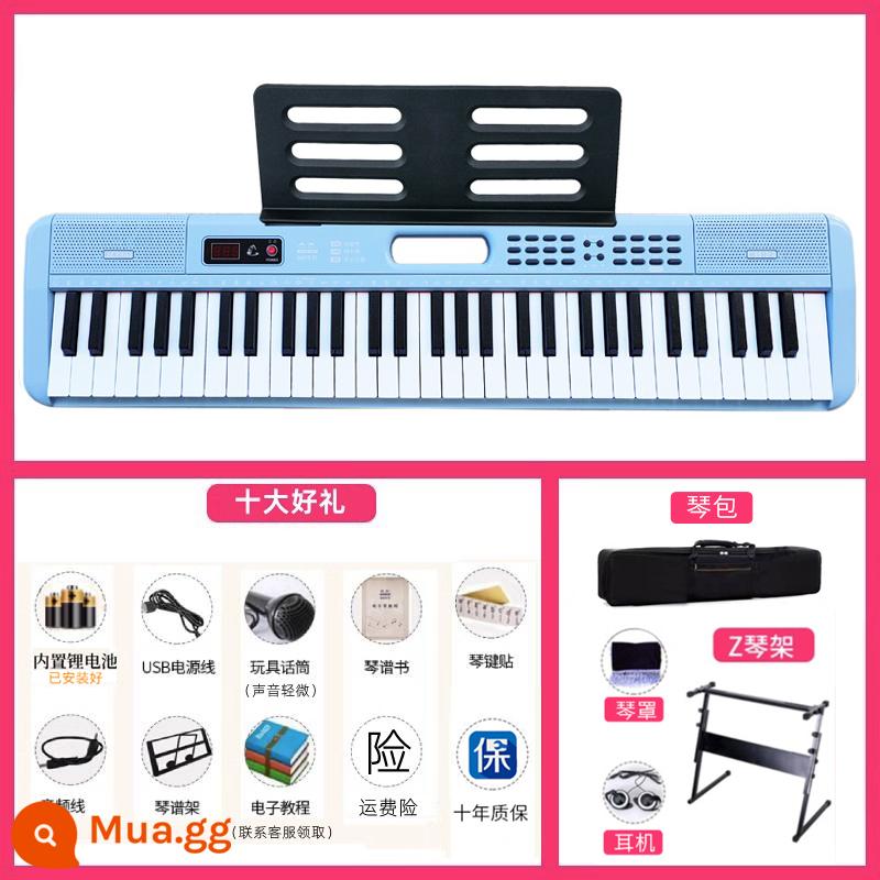 Đàn piano điện tử cầm tay dành cho người mới bắt đầu, người lớn và trẻ em, đàn piano cầm tay tại nhà dành riêng cho bé gái mẫu giáo 61 phím cấp độ đầu vào - Màu xanh + giá đỡ đàn piano + tai nghe + vỏ đàn piano + túi đựng đàn piano