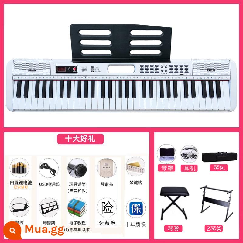 Đàn piano điện tử cầm tay dành cho người mới bắt đầu, người lớn và trẻ em, đàn piano cầm tay tại nhà dành riêng cho bé gái mẫu giáo 61 phím cấp độ đầu vào - Trắng + Giá đỡ đàn piano + Tai nghe + Vỏ đàn piano + Túi đựng đàn piano + Ghế đàn piano