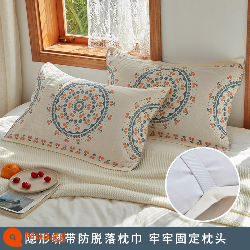 Gối Chống Trơn Trượt Nguyên Chất Cotton Mới Cặp Dây Cố Định Chống Rơi Gối Cotton Gạc Thấm Hút Mồ Hôi Cặp Đôi Người Lớn - Một đôi vỏ gối dây hoa anh đào màu be, gạc bốn lớp cotton nguyên chất