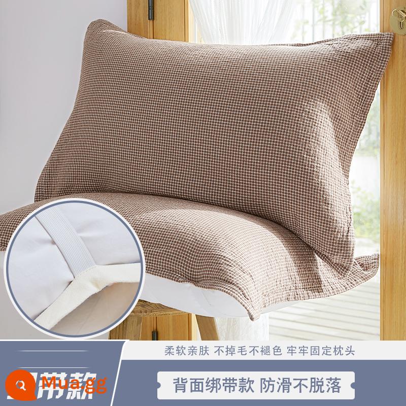 Gối Chống Trơn Trượt Nguyên Chất Cotton Mới Cặp Dây Cố Định Chống Rơi Gối Cotton Gạc Thấm Hút Mồ Hôi Cặp Đôi Người Lớn - Một đôi vỏ gối lưới mịn màu nâu, gạc ba lớp cotton nguyên chất