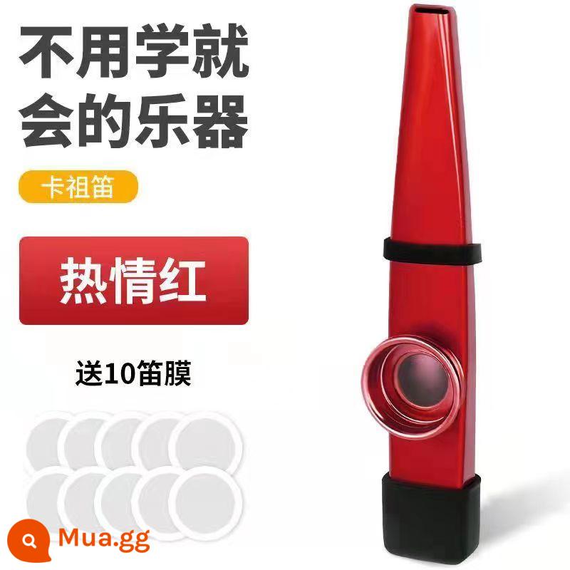 Kazoo metal Kazu sáo guitar ukulele đồng hành Kazu sáo thích hợp với nhạc cụ dành cho người mới bắt đầu rất dễ học - Ống ngậm màu đỏ lửa + chống bụi (bao gồm 10 miếng màng sáo)