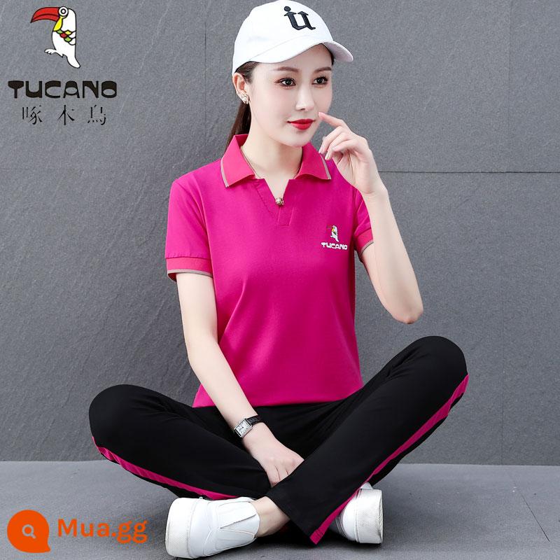 Chim Gõ Kiến Cotton Nguyên Chất Bộ Đồ Thể Thao Mùa Hè 2023 Thời Trang Mới Giảm Béo Nhóm Mua Cổ Áo 2 Bộ Đồ - Hoa hồng đỏ