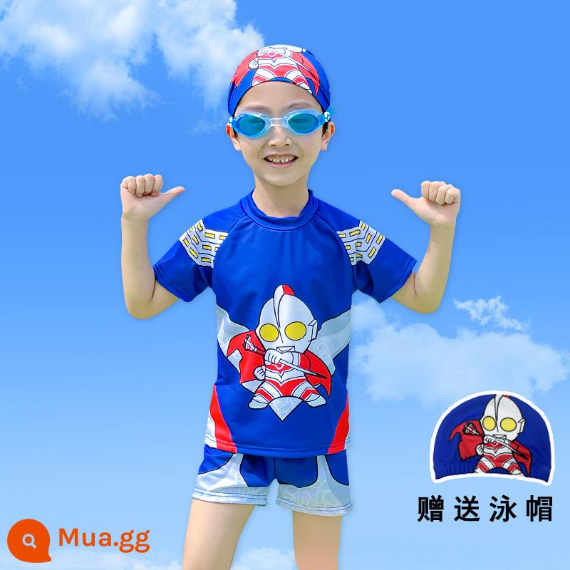 Áo tắm bé trai Áo tắm một mảnh hai mảnh Ultraman cho bé 2023 phong cách mới phong cách nước ngoài bé trai mùa hè - Mũ bơi hai mảnh miễn phí màu xanh