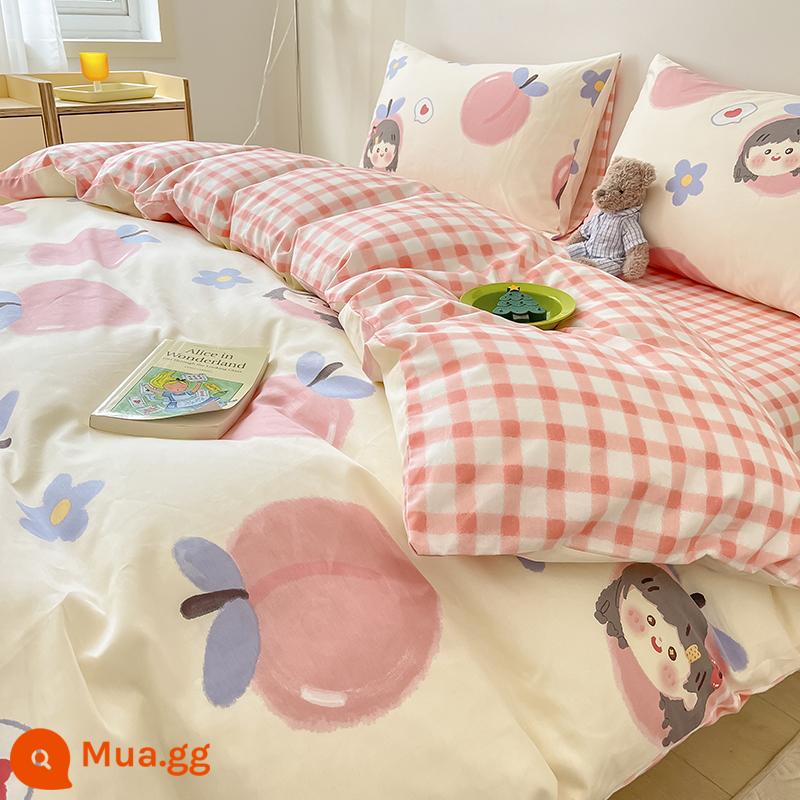 Bộ chăn ga gối cotton 4 mảnh 100 mảnh cotton nguyên chất, vỏ chăn, ga vừa vặn, bộ chăn ga gối đệm 3 mảnh ký túc xá đại học 4 - Cô gái đào Y