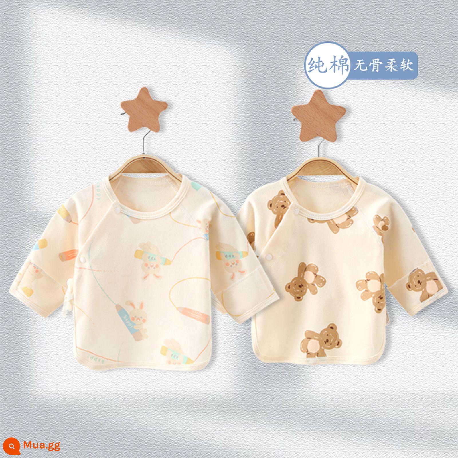 Áo sơ sinh nửa ngực cotton nguyên chất dành cho mùa xuân thu đông bé sơ sinh hai lớp bảo vệ bụng không xương mềm mại cho bé - Gấu ngồi + Thỏ cọ vẽ