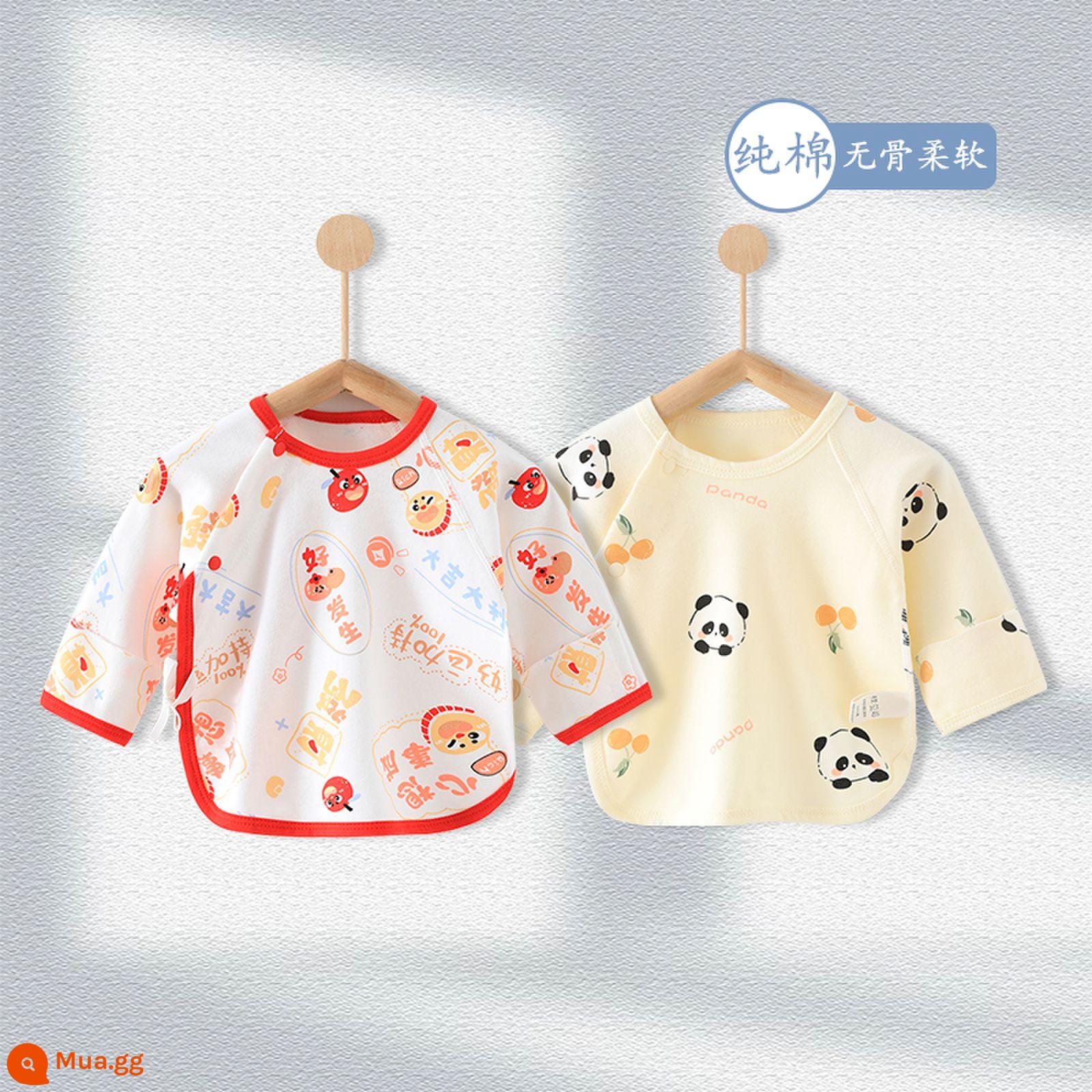 Áo sơ sinh nửa ngực cotton nguyên chất dành cho mùa xuân thu đông bé sơ sinh hai lớp bảo vệ bụng không xương mềm mại cho bé - Gấu trúc màu be + Chúc may mắn