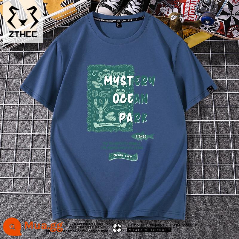 Áo thun nam ngắn tay mùa hè thương hiệu T-shirt cỡ lớn phong cách Mỹ 2023 mới phù hợp với tất cả các trận đấu chàng trai cotton lỏng nửa tay - Bí mật đại dương xanh khói mù