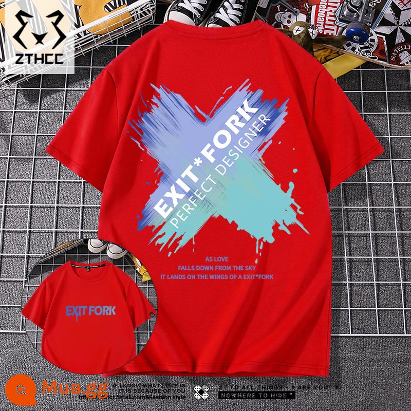 Áo thun nam ngắn tay mùa hè thương hiệu T-shirt cỡ lớn phong cách Mỹ 2023 mới phù hợp với tất cả các trận đấu chàng trai cotton lỏng nửa tay - Phuộc sơn đỏ_ZB