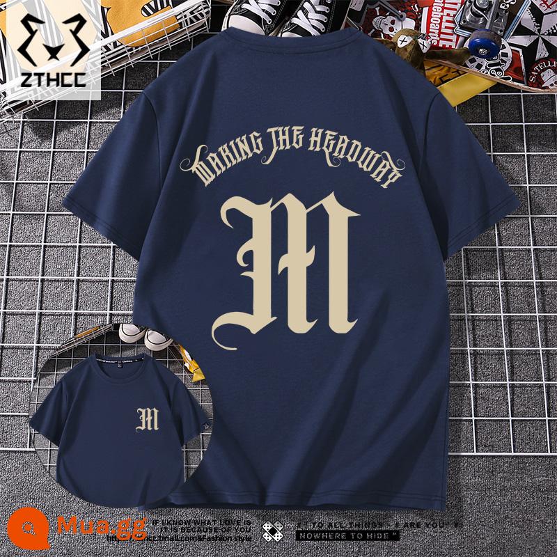 Áo thun nam ngắn tay mùa hè thương hiệu T-shirt cỡ lớn phong cách Mỹ 2023 mới phù hợp với tất cả các trận đấu chàng trai cotton lỏng nửa tay - Màu xanh hải quân cổ điển m_KB