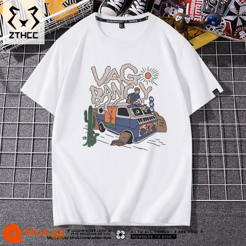 Áo thun nam ngắn tay mùa hè thương hiệu T-shirt cỡ lớn phong cách Mỹ 2023 mới phù hợp với tất cả các trận đấu chàng trai cotton lỏng nửa tay - chuyến đi bằng xe màu trắng