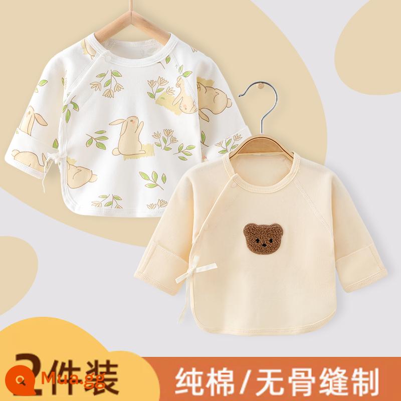 Sơ sinh nửa lưng liền mạch quần áo bé nguyên chất cotton dài tay áo tu sĩ quần áo quần lót quần áo trẻ em sơ sinh - Gấu Khăn + Thỏ Hoa