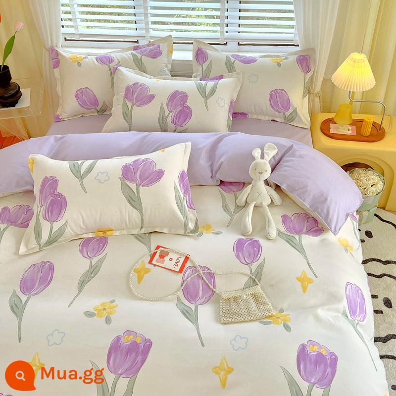 Bộ đồ giường bốn mảnh bằng vải cotton đã giặt, vỏ chăn đôi, vỏ chăn chải dày, bộ ba mảnh ký túc xá sinh viên bằng vải cotton thân thiện với da - hoa tulip