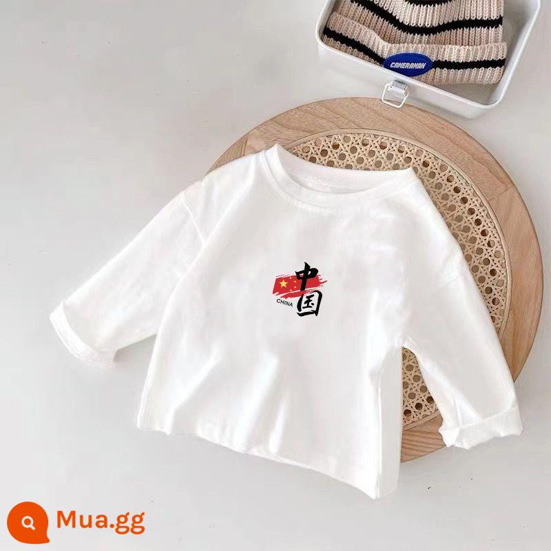 Áo thun dài tay trẻ em cotton nguyên chất mùa xuân thu 2023 phong cách mới áo trẻ em phần mỏng bé trai và bé gái áo sơ mi đáy trắng hợp thời trang chữ T - Cờ Trung Quốc--100% cotton