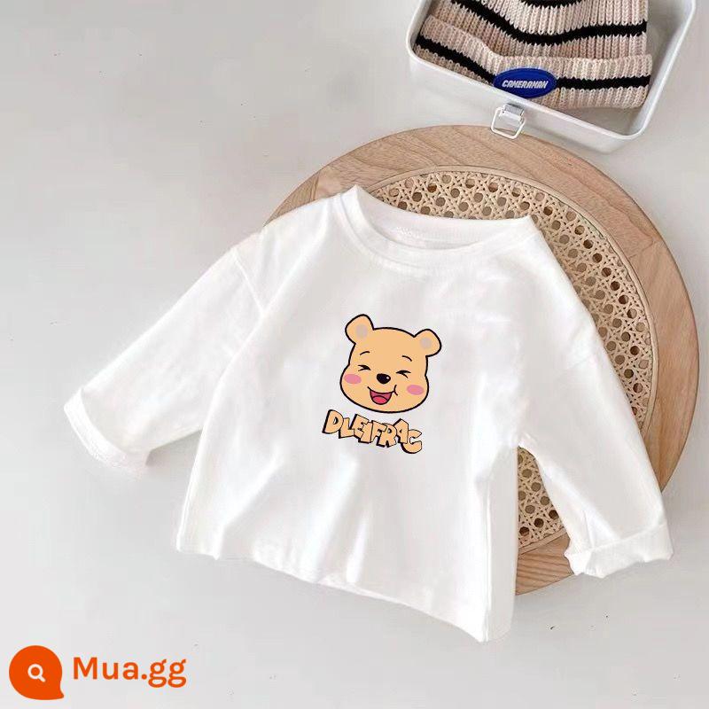 Áo thun dài tay trẻ em cotton nguyên chất mùa xuân thu 2023 phong cách mới áo trẻ em phần mỏng bé trai và bé gái áo sơ mi đáy trắng hợp thời trang chữ T - Gấu-100% cotton