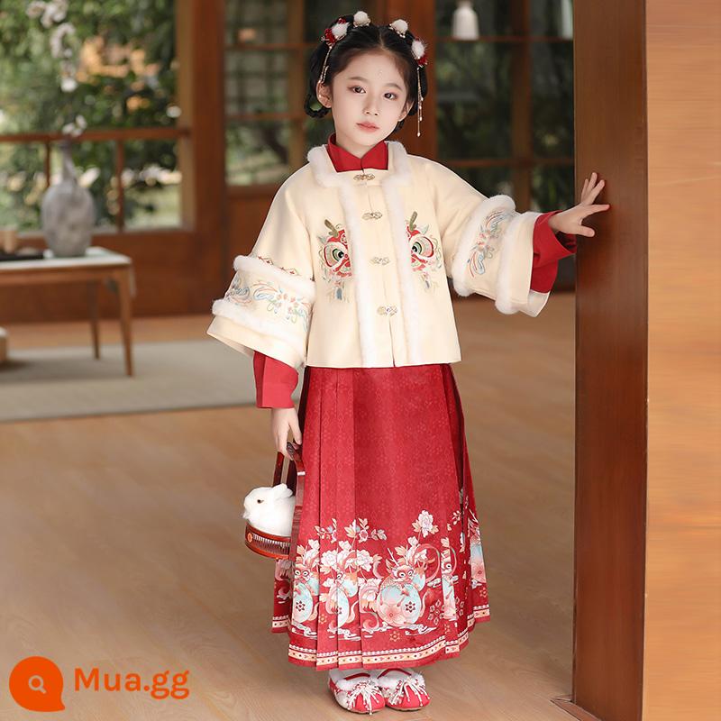 Bé gái Hanfu 2023 trang phục mùa đông mới quần áo trẻ em phong cách Trung Quốc váy dày mặt ngựa trơn cho trẻ em Quần áo chào mừng năm mới - Áo khoác nhung + lót + váy ngựa