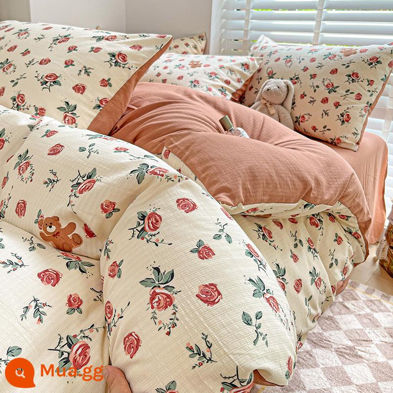 Loại A 4 bộ đồ giường siêu mềm chăn bông jacquard bốn mảnh ký túc xá sinh viên Bộ giường ba mảnh sợi bông hai lớp Xiaozhu - [Sợi hai lớp Xiaozhu Cotton-Rose Bear]