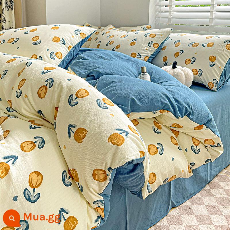 Loại A 4 bộ đồ giường siêu mềm chăn bông jacquard bốn mảnh ký túc xá sinh viên Bộ giường ba mảnh sợi bông hai lớp Xiaozhu - [Sợi hai lớp bông nhẹ Xiaozhu loại A]