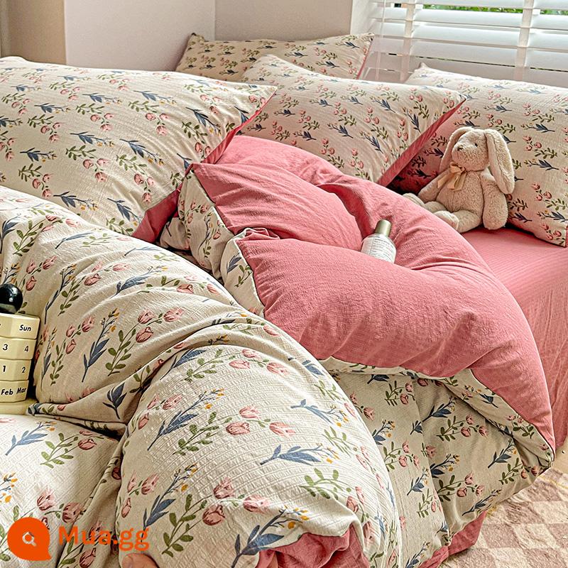 Loại A 4 bộ đồ giường siêu mềm chăn bông jacquard bốn mảnh ký túc xá sinh viên Bộ giường ba mảnh sợi bông hai lớp Xiaozhu - [Sợi hai lớp Xiaozhu Cotton-Huaman-Loại A]