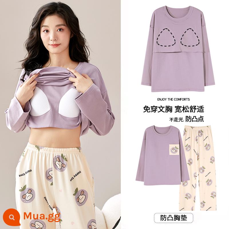 Bộ đồ ngủ Langsha có miếng đệm ngực cho nữ mùa xuân thu mới bằng vải cotton nguyên chất dài tay mùa thu đông phong cách Hàn Quốc bộ quần áo mặc ở nhà cỡ lớn - MJX1063C