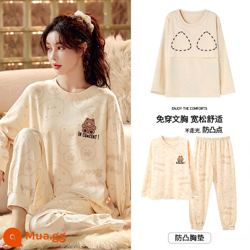 Bộ đồ ngủ Langsha có miếng đệm ngực cho nữ mùa xuân thu mới bằng vải cotton nguyên chất dài tay mùa thu đông phong cách Hàn Quốc bộ quần áo mặc ở nhà cỡ lớn - MJX1039C