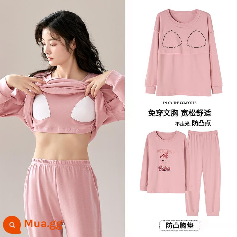 Bộ đồ ngủ Langsha có miếng đệm ngực cho nữ mùa xuân thu mới bằng vải cotton nguyên chất dài tay mùa thu đông phong cách Hàn Quốc bộ quần áo mặc ở nhà cỡ lớn - MJX1033C