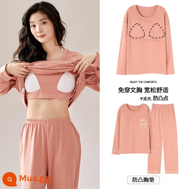 Bộ đồ ngủ Langsha có miếng đệm ngực cho nữ mùa xuân thu mới bằng vải cotton nguyên chất dài tay mùa thu đông phong cách Hàn Quốc bộ quần áo mặc ở nhà cỡ lớn - MJX1062C