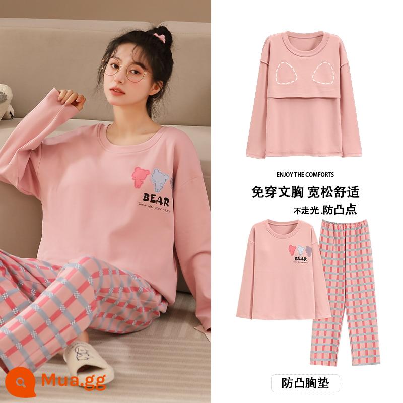 Bộ đồ ngủ Langsha có miếng đệm ngực cho nữ mùa xuân thu mới bằng vải cotton nguyên chất dài tay mùa thu đông phong cách Hàn Quốc bộ quần áo mặc ở nhà cỡ lớn - MJX9301