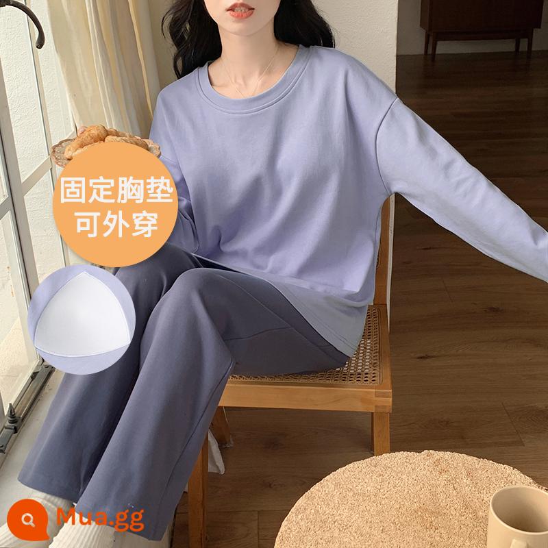 Bộ đồ ngủ Langsha có miếng đệm ngực cho nữ mùa xuân thu mới bằng vải cotton nguyên chất dài tay mùa thu đông phong cách Hàn Quốc bộ quần áo mặc ở nhà cỡ lớn - Y09204