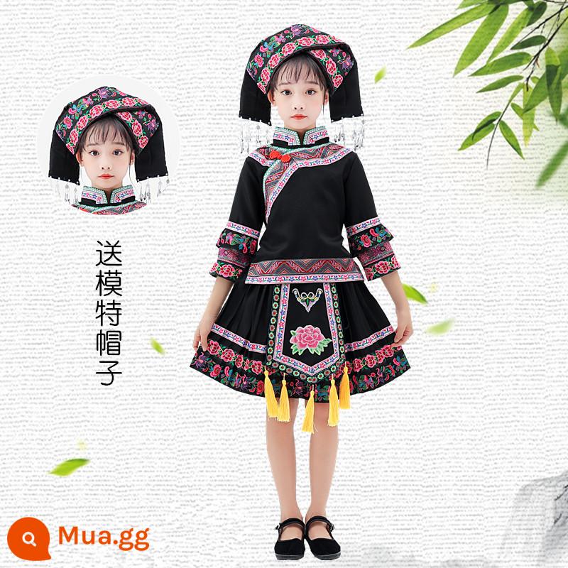 Trang phục dân tộc thiểu số ngày thiếu nhi cho trẻ em Zhuang, Tujia, Miao, nữ, Yao, nam, trang phục She và Yi, Quảng Tây - Mẫu F, màu đen, mẫu nữ, mũ miễn phí, số lượng lớn trong kho