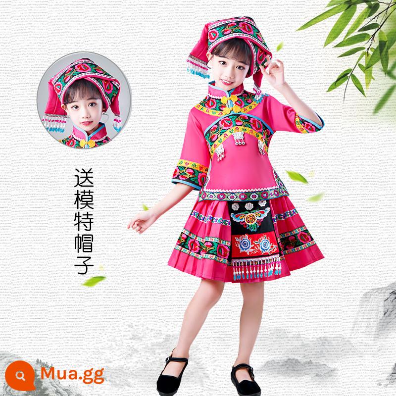 Trang phục dân tộc thiểu số ngày thiếu nhi cho trẻ em Zhuang, Tujia, Miao, nữ, Yao, nam, trang phục She và Yi, Quảng Tây - Mẫu D, màu đỏ hồng, tay lỡ, nữ, mũ mẫu miễn phí, số lượng lớn trong kho