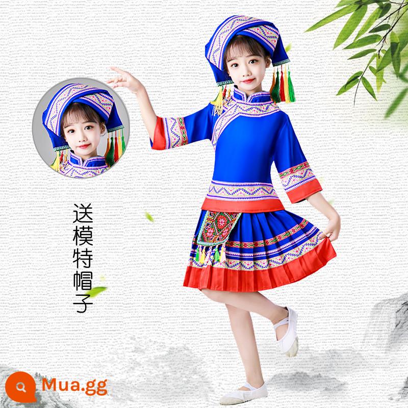 Trang phục dân tộc thiểu số ngày thiếu nhi cho trẻ em Zhuang, Tujia, Miao, nữ, Yao, nam, trang phục She và Yi, Quảng Tây - Mẫu D, tay giữa màu xanh, nữ, mũ mẫu miễn phí, số lượng lớn trong kho