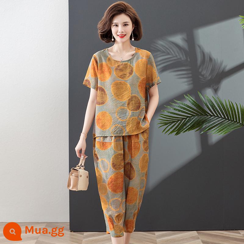 Đầm mùa hè cho mẹ trung niên, áo cotton ngắn tay, bộ đồ hai mảnh rộng rãi giản dị cho phụ nữ trung niên và cao tuổi 2022 mới - Cam + quần