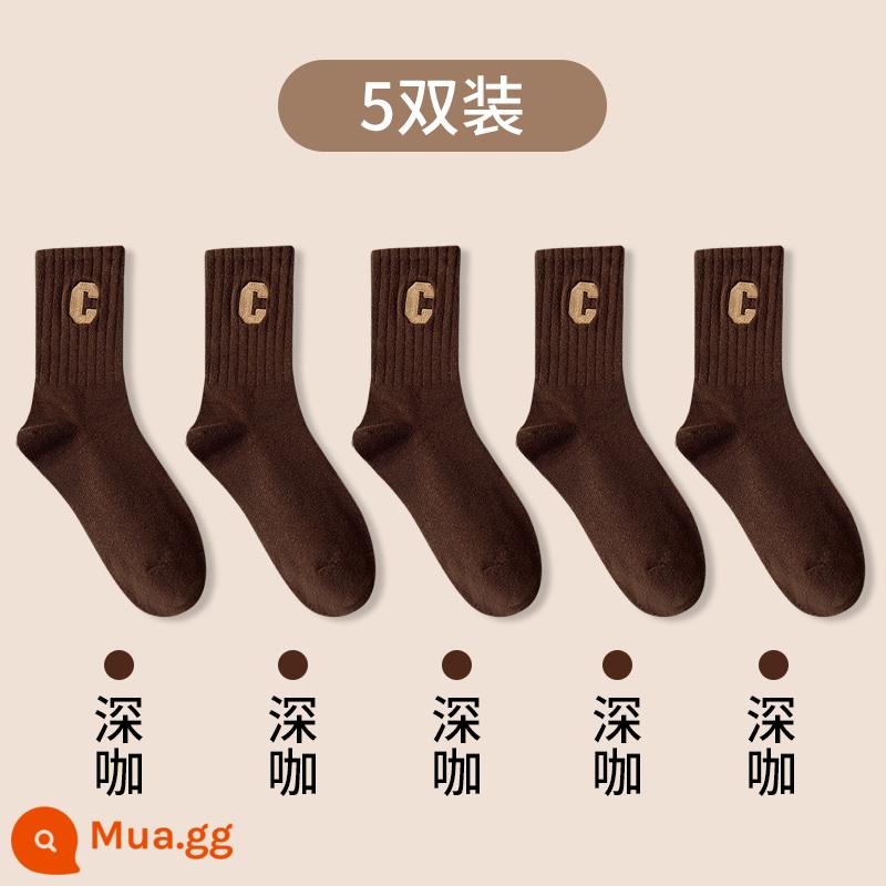 Vớ Zhuji SOCKS COTTY PURE ODOR MIDE -ODOR Mùa thu và mùa đông với quần cá mập trong vớ thêu mùa xuân và mùa thu sinh viên linh hoạt - 5 đôi tất dài đến bắp chân màu cà phê đậm