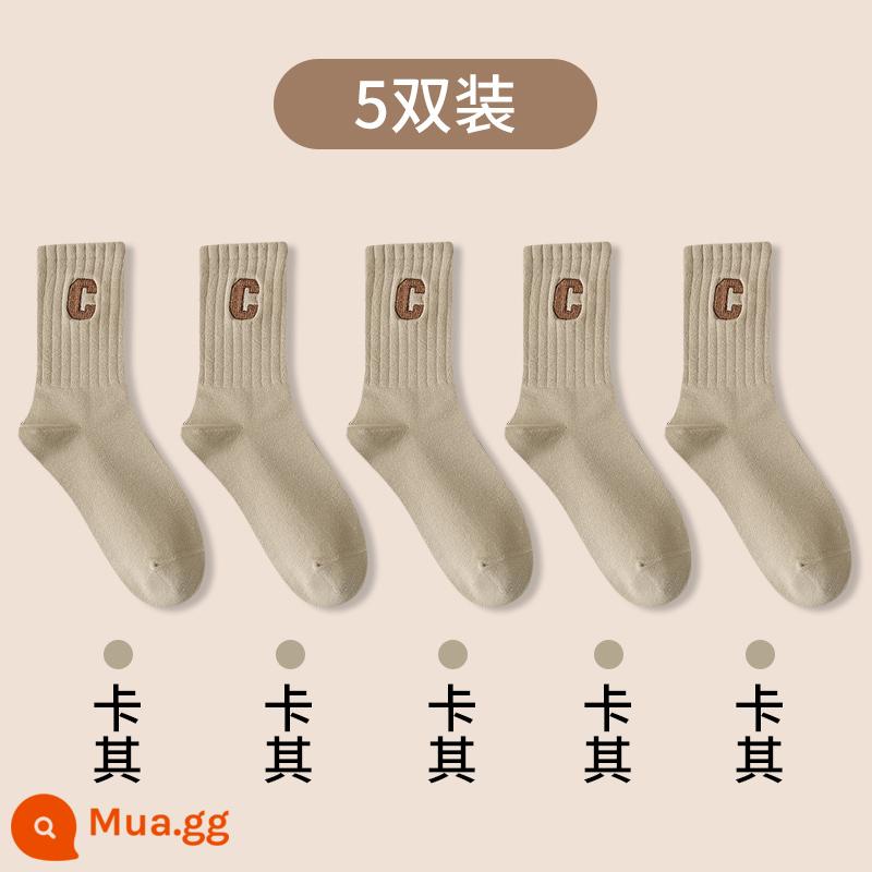 Vớ Zhuji SOCKS COTTY PURE ODOR MIDE -ODOR Mùa thu và mùa đông với quần cá mập trong vớ thêu mùa xuân và mùa thu sinh viên linh hoạt - 5 đôi tất kaki dài tới bắp chân