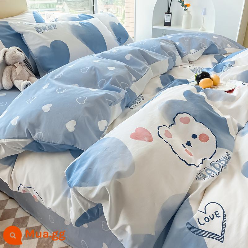 Công chúa gió mùa đông cotton nguyên chất 4 mảnh 100 ga giường cotton vỏ chăn ký túc xá sinh viên 3 bộ chăn ga gối 4 - gấu yêu