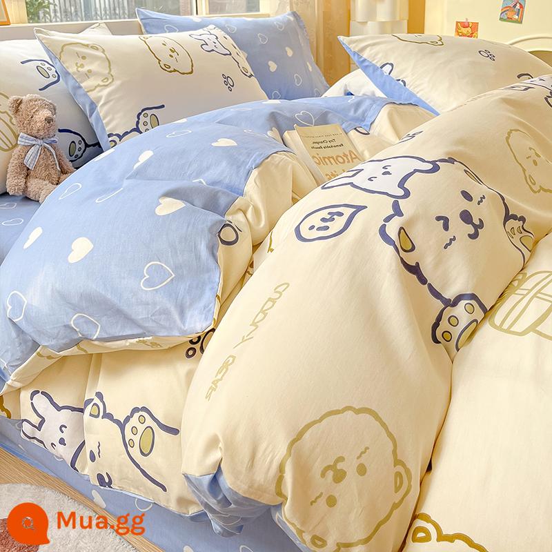 Công chúa gió mùa đông cotton nguyên chất 4 mảnh 100 ga giường cotton vỏ chăn ký túc xá sinh viên 3 bộ chăn ga gối 4 - Panna cotta