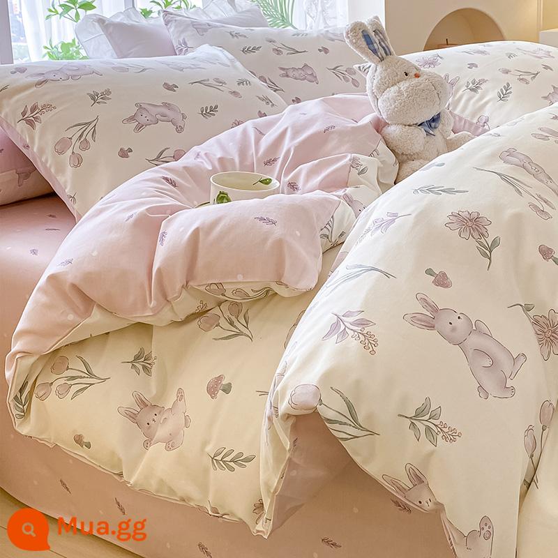 Ins cotton nguyên chất 4 mảnh 100 cotton nhỏ tươi giường nữ đơn vỏ chăn ký túc xá ga trải giường 3 bộ chăn ga gối - Xumeng-Hồng [100% cotton chải kỹ, thân thiện với da và không mặc khi ngủ]