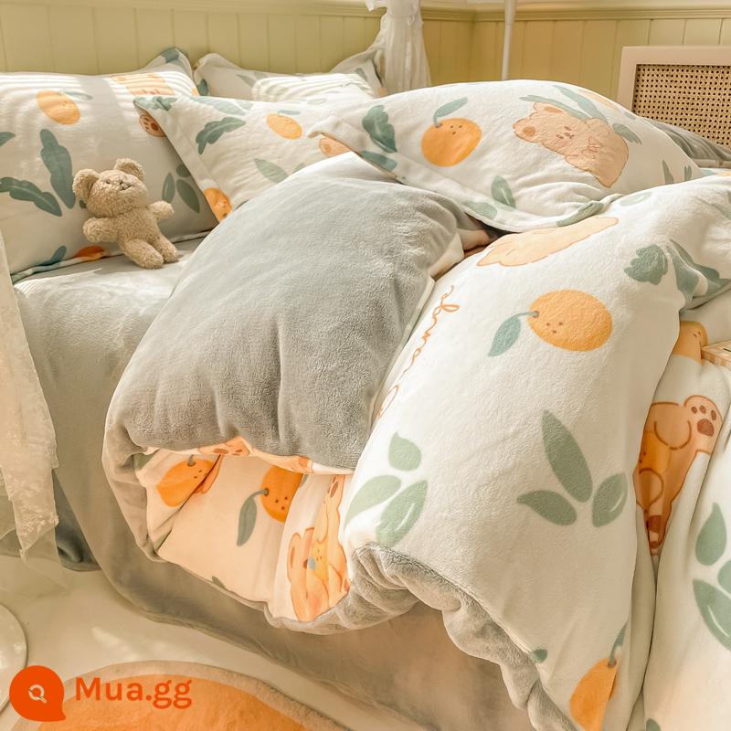 Mùa đông dày sữa nhung giường 4 mảnh 2 mặt nhung san hô vỏ chăn flannel Plus nhung 3 bộ giường ngủ - Gấu Lá Xanh [nhiệt độ không đổi + khóa ấm + không tĩnh điện]