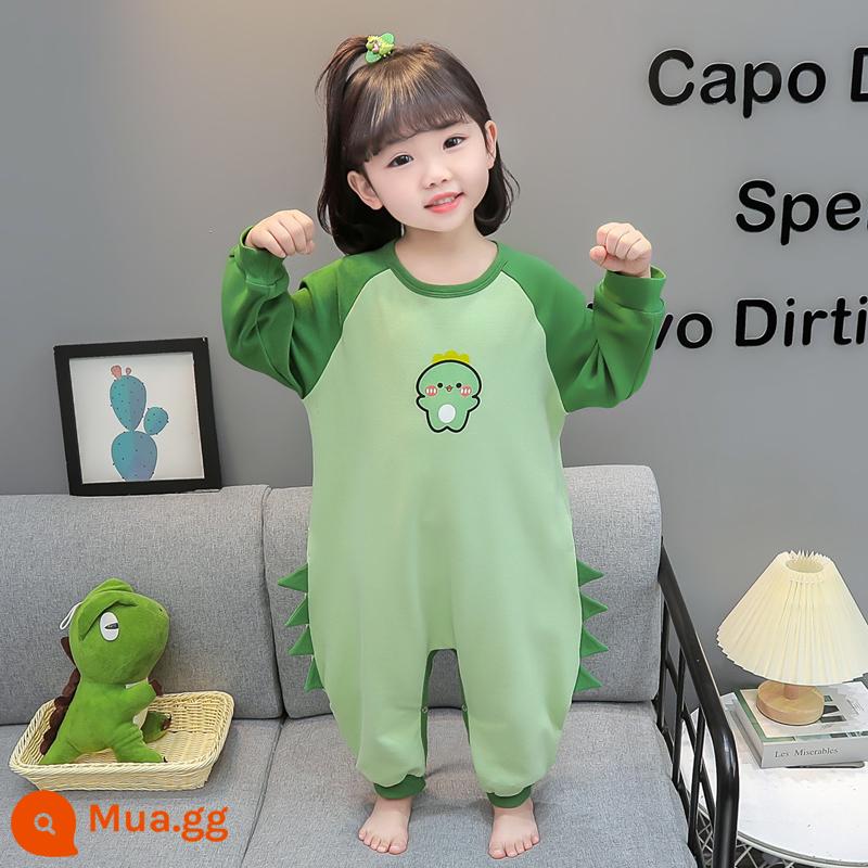 Bộ đồ ngủ liền mảnh mùa xuân thu cotton nguyên chất dài tay mặc nhà cho bé trai và bé gái 1 tuổi 3 túi ngủ chống lạnh cho bé - khủng long dễ thương màu xanh lá cây