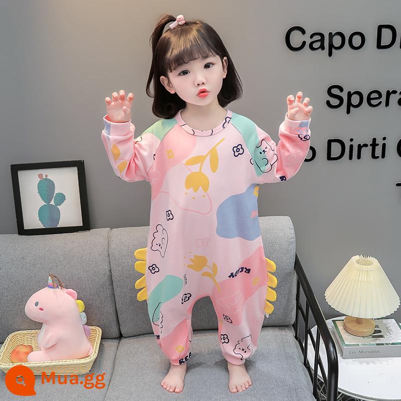 Bộ đồ ngủ liền mảnh mùa xuân thu cotton nguyên chất dài tay mặc nhà cho bé trai và bé gái 1 tuổi 3 túi ngủ chống lạnh cho bé - gấu hồng