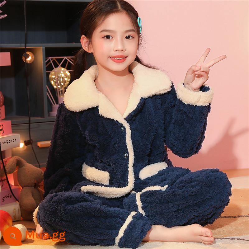 Bộ đồ ngủ lông cừu san hô dày và nhung cho trẻ em mùa thu đông dành cho bé trai và bé gái jacquard flannel phục vụ tại nhà phù hợp với - THPJ nữ màu xanh hải quân