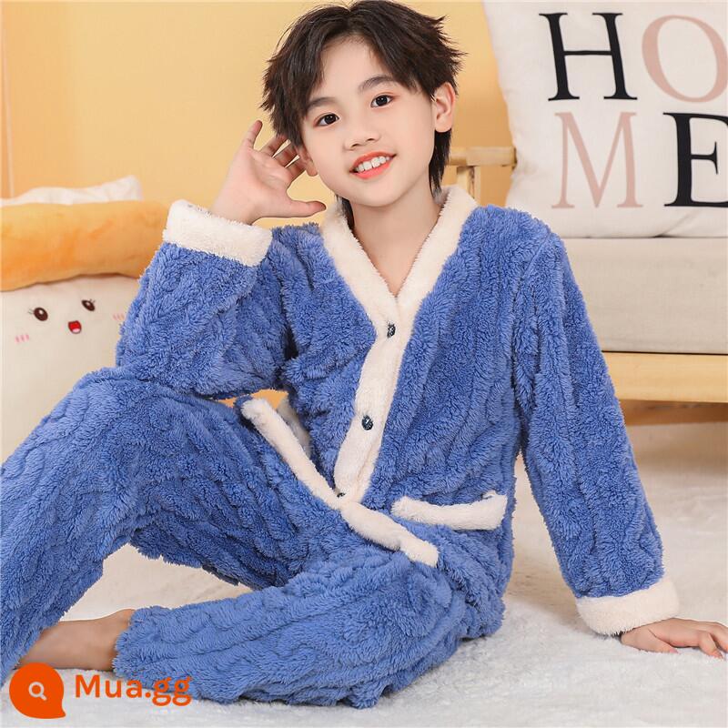 Bộ đồ ngủ lông cừu san hô dày và nhung cho trẻ em mùa thu đông dành cho bé trai và bé gái jacquard flannel phục vụ tại nhà phù hợp với - Con công đực màu xanh viền trắng