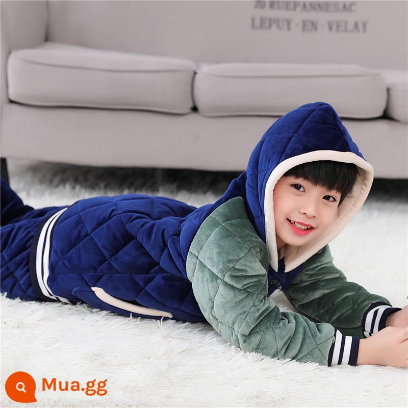 Bộ đồ ngủ cotton cho trẻ em quần áo mùa đông pha lê nhung bộ quần áo ở nhà bé trai và bé gái trung và lớn áo khoác bông cho trẻ em cộng với nhung dày mùa đông - Đồng phục bóng chày mũ nhung pha lê hải quân