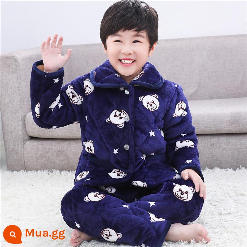 Bộ đồ ngủ cotton cho trẻ em quần áo mùa đông pha lê nhung bộ quần áo ở nhà bé trai và bé gái trung và lớn áo khoác bông cho trẻ em cộng với nhung dày mùa đông - Gấu ngôi sao nhung pha lê màu xanh đậm