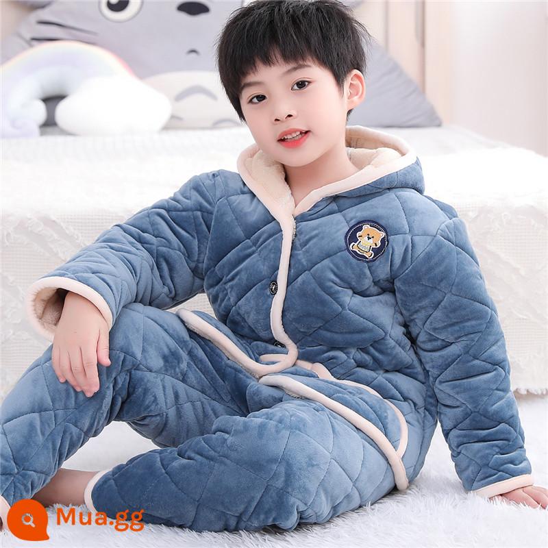 Bộ Đồ Ngủ Bé Gái Mùa Đông Pha Lê Nhung Bé Trai Bé Gái Bé Trai Bé Gái Homewear Flannel Áo Khoác Có Đệm Dày - Mũ nhung pha lê ba lớp màu xanh denim dành cho nam